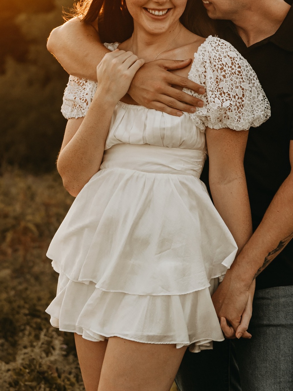 Selfie Leslie White Ruffle Romper with Puff Lace Sleeves